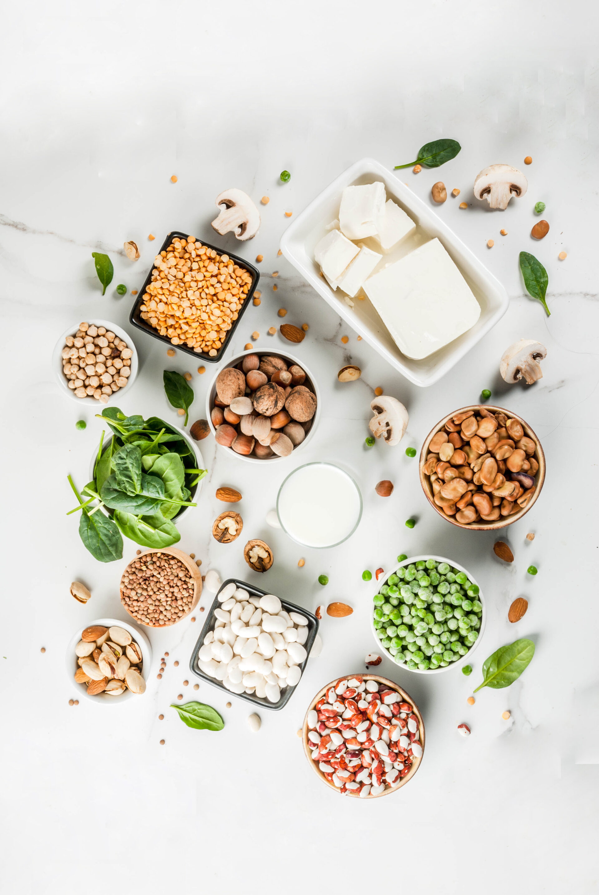 Tofu, beans, spinach, nuts, and legumes displayed on a white surface, showcasing protein-rich foods, surrounded by scattered spinach leaves and mushrooms.