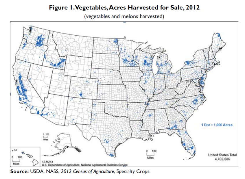 Figure representing the acres of vegetables and melons harvested for sale in 2012, where one blue dot is equivalent to 1,000 acres.