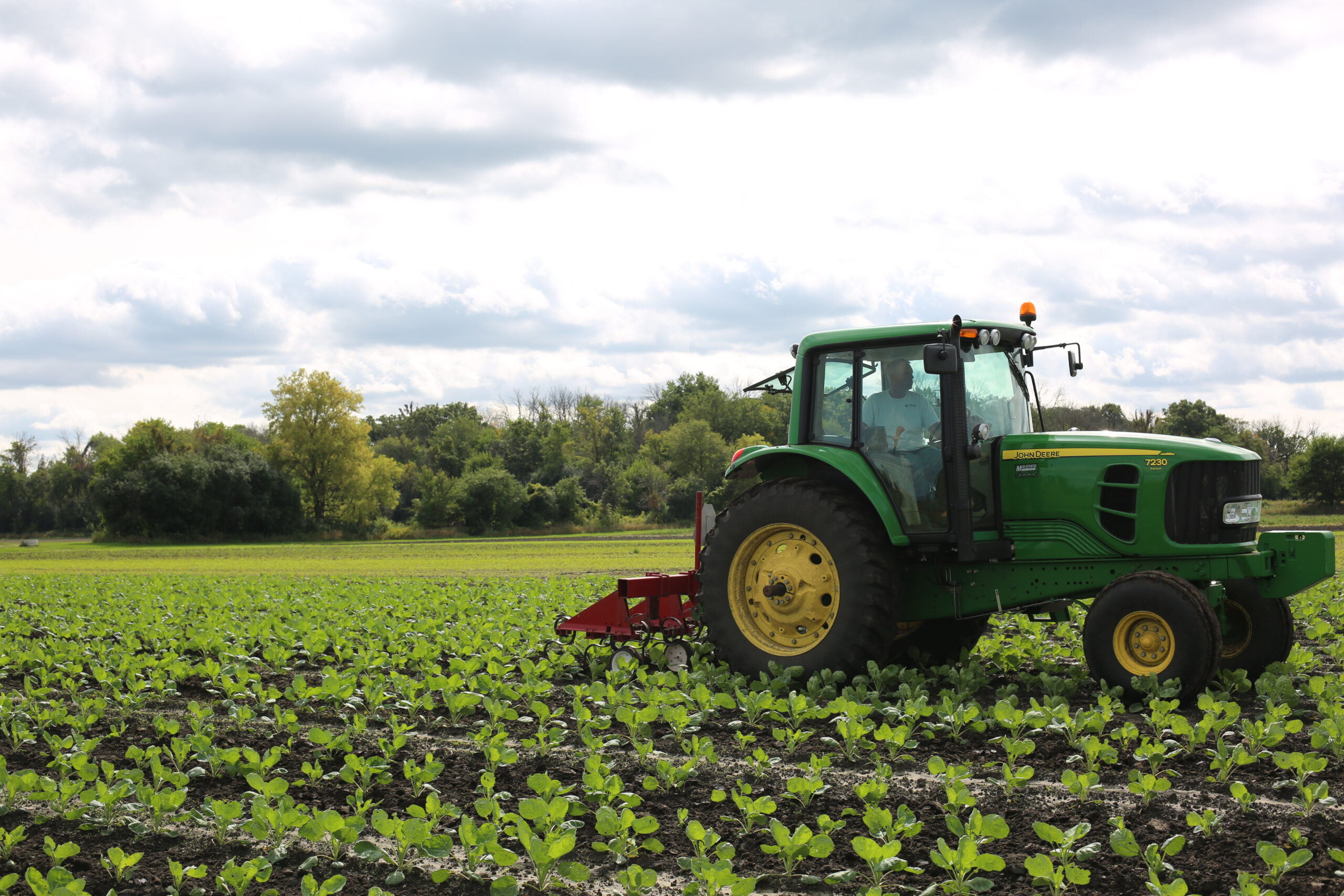 A green tractor drives through a field of young crops with a forested background under a cloudy sky. The tractor is labeled 