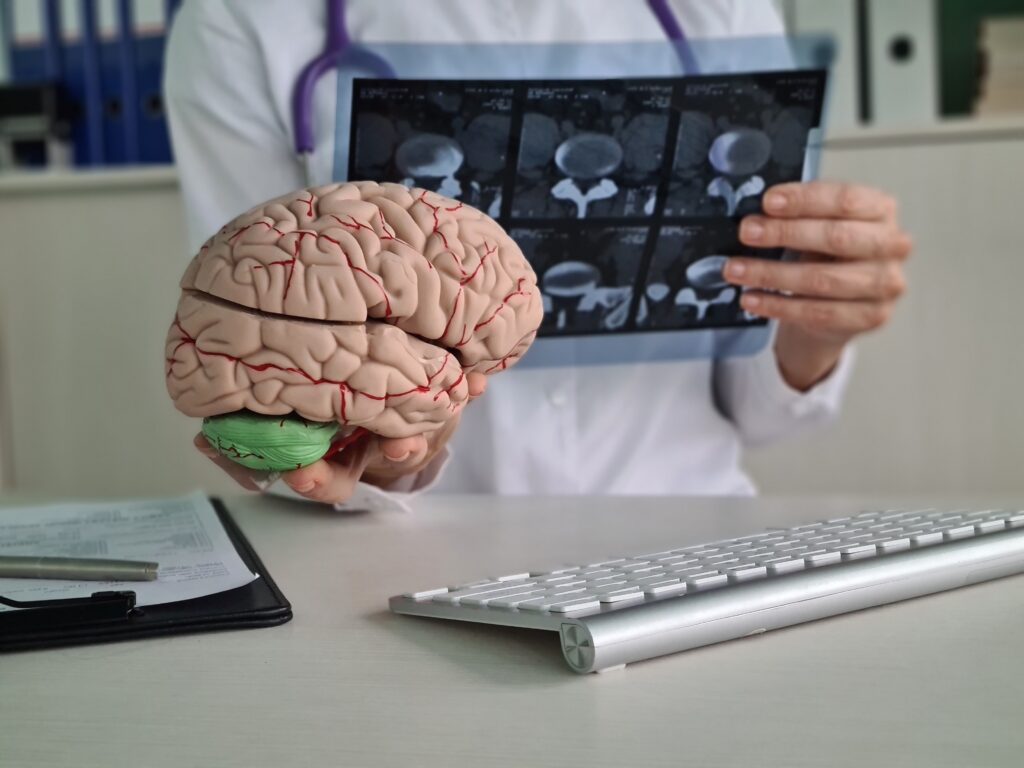 A person holds a brain model in one hand and brain scan images in the other, seated at a desk with a keyboard, in a medical office setting.